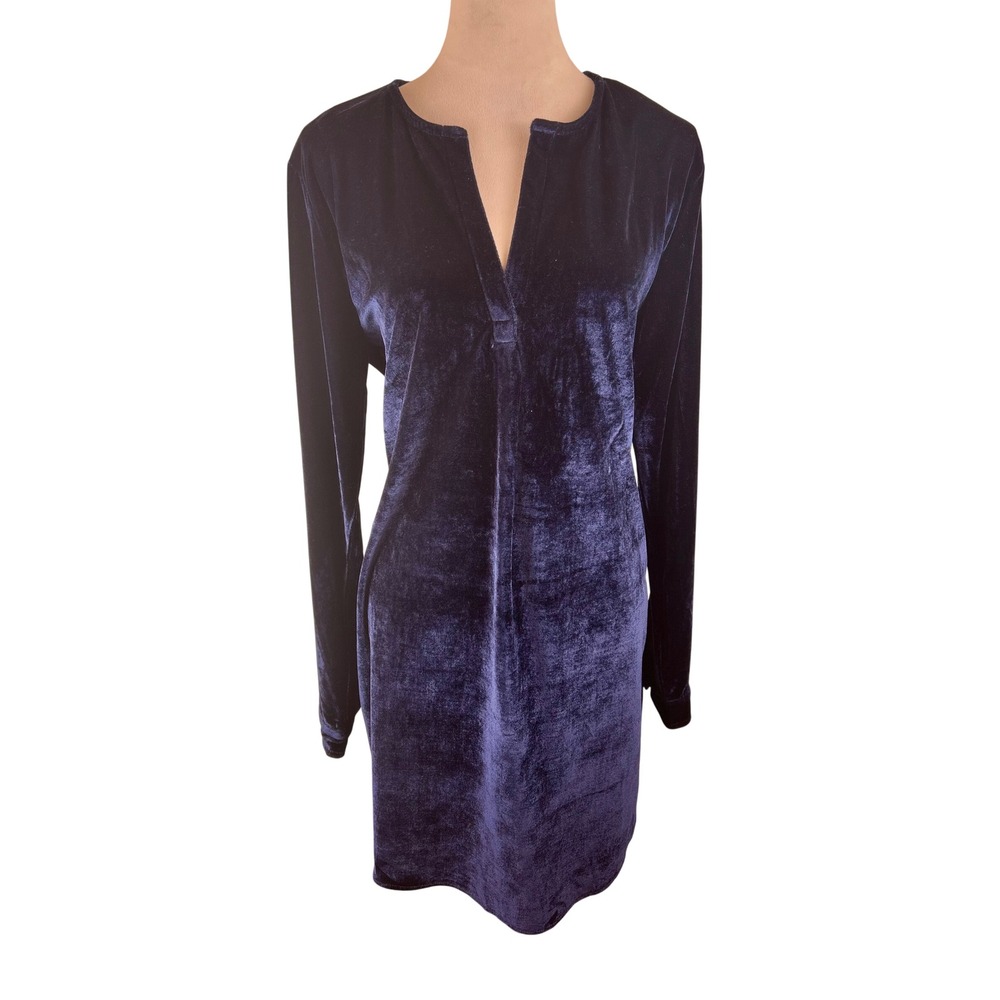 Umgee Velvet Tunic Dress Navy Blue Long Sleeve Split Neck Pockets Women's Large